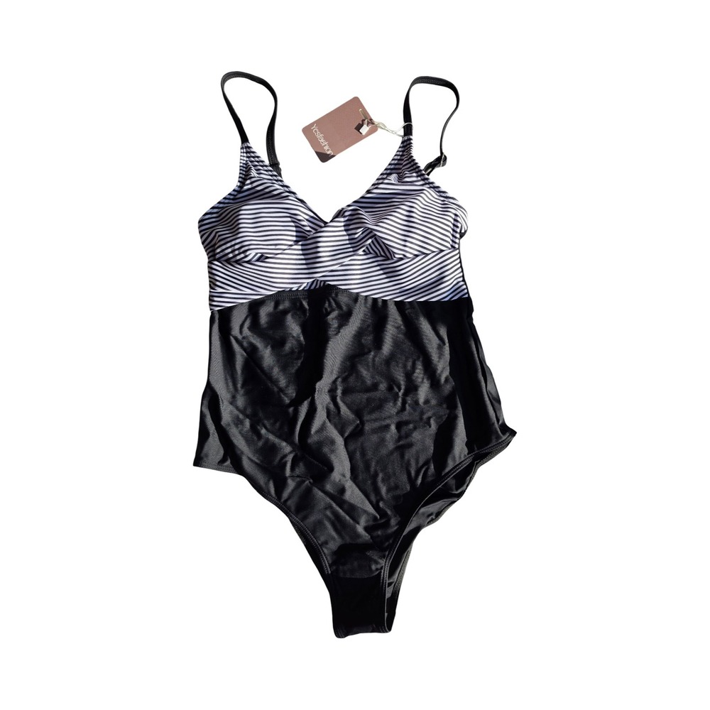 Yesfashion Womens Striped One Piece Swimsuit Black White Colorblock Size Medium